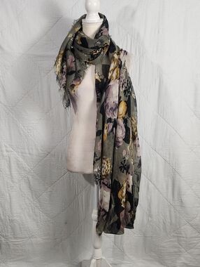 Floral Wrap Scarf in Olive Green, Pink & Yellow